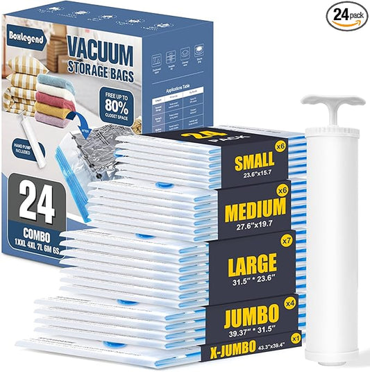 BoxLegend Vacuum Storage Bags with Large Hand Pump 24 Combo (1X-Jumbo, 4 Jumbo, 7 Large, 6 Medium, 6 Small) Thickened Vacuum Seal Bags for Clothing Blanket Pillow Comforters Bedding Quilt Coat