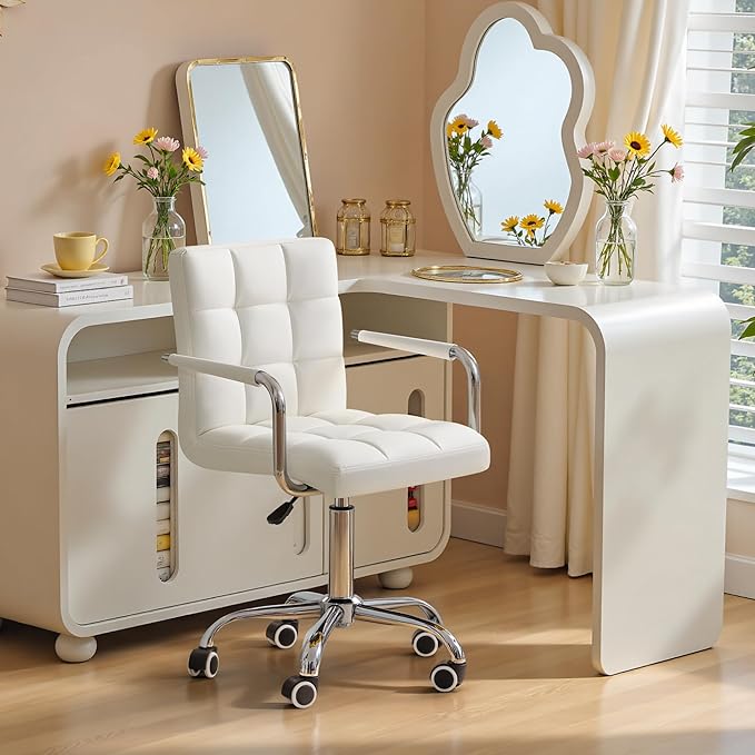 Furmax Mid-Back Office Task Chair Ribbed PU Leather Executive Chair Modern Adjustable Home Desk Retro Comfortable Work Chair 360 Degree Swivel with Arms (White)