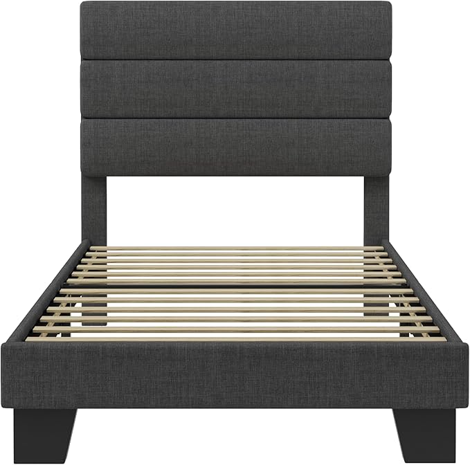 SHA CERLIN Twin Platform Bed Frame with Upholstered Fabric Headboard, Mattress Foundation with Strong Wooden Slats Support, No Box Spring Needed, Grey