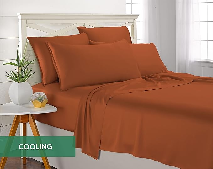 Pure Bamboo Split King Sheets, Genuine 100% Organic Viscose Derived from Bamboo Bed Sheet Set, Soft & Cooling, Double Stitching, 2 Fitted Sheets (Split King, Terracotta)