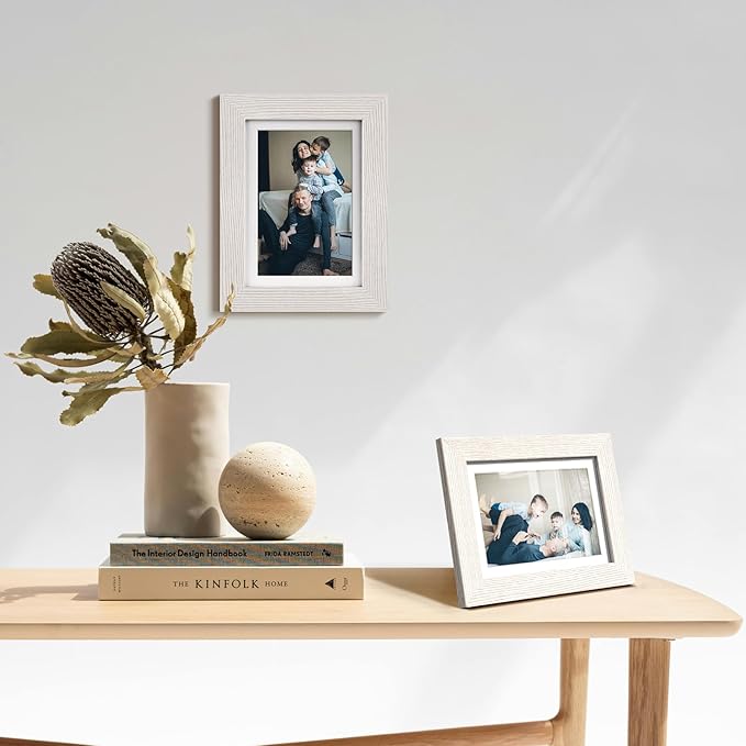 5x7 Picture Frame with Mat for 4x6, Rustic White Wood Grain 5 x 7 Gallery Wall Picture Frames for Tabletop or Wall Mounting(4 Pack, White)