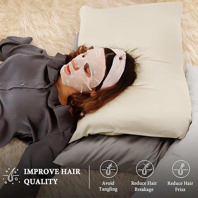 BHZ Beige Satin Goose Down Feather Pillows Queen Size Set of 2 with Pillowcase for Hair and Skin, Cooling Pillow Cases Similar to Silk Pillow Cases, Decorative for Women, Mom Men