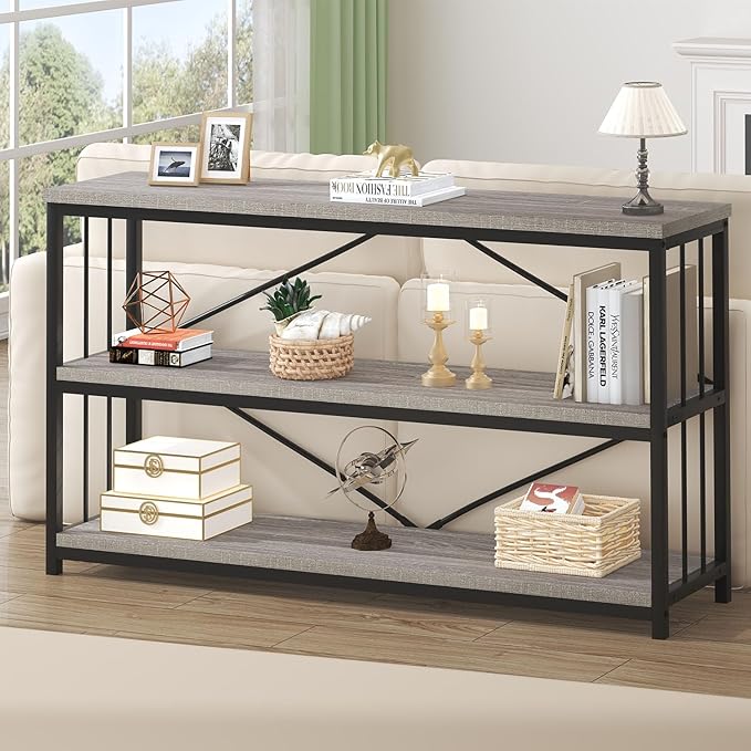 HSH Gray Bookshelf, Industrial Wood Metal Long Bookcase with Storage, Open 3 Tier Bookshelves for Bedroom Living Room, Farmhouse Wooden Etagere Book Shelf for Home Office, Light Grey Oak, 55 Inch