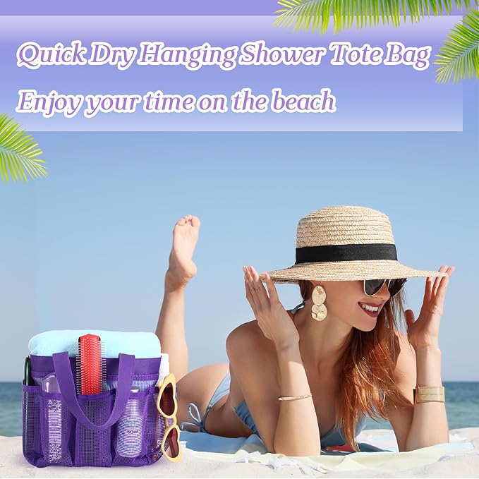 Hillban 4 Pcs Mesh Shower Caddy Portable Large Quick Dry Shower Caddy Basket with Deeper 8 Pockets and 2 Handles Hanging Bag for College Dorm Room (Purple)