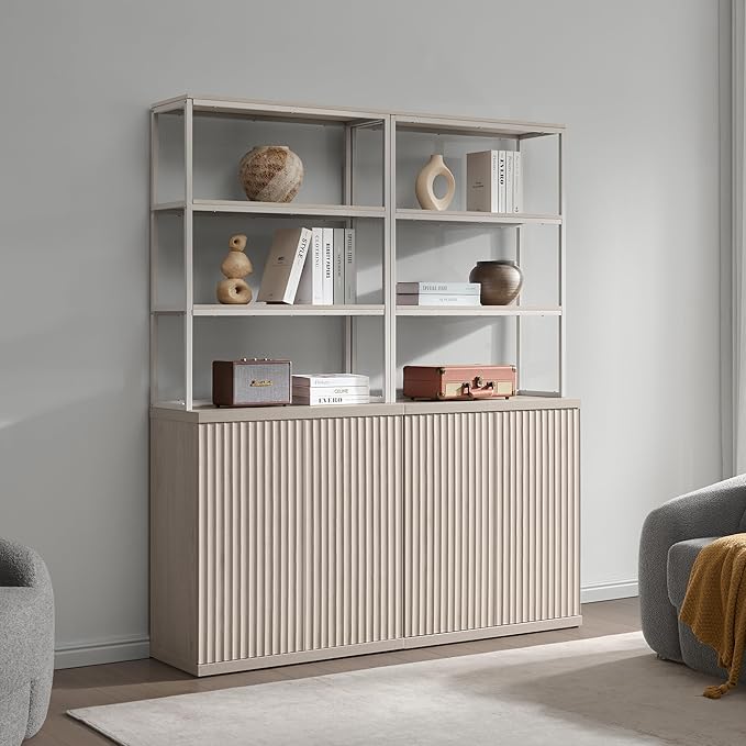 SICOTAS Book Shelf Fluted Bookshelf Cabinet - 75" Tall Bookcase 6 Tier Large Bookshelves with Door Storage Modern Double Wide Book Shelves Case for Living Room Office Library, Metal Frame, White Alder