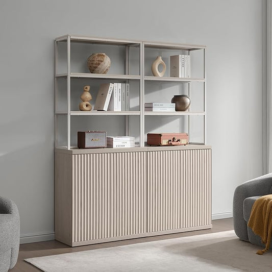 SICOTAS Book Shelf Fluted Bookshelf Cabinet - 75" Tall Bookcase 6 Tier Large Bookshelves with Door Storage Modern Double Wide Book Shelves Case for Living Room Office Library, Metal Frame, White Alder