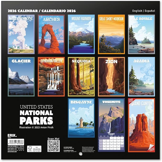 USA National Parks Wall Calendar 2026 12" x 12" FSC® Plastic Free - Starts Week On Sunday | Family Planner Art Calendar 2026