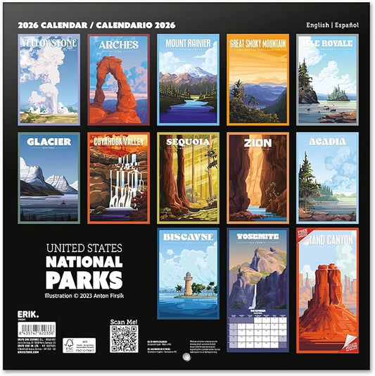 USA National Parks Wall Calendar 2026 12" x 12" FSC® Plastic Free - Starts Week On Sunday | Family Planner Art Calendar 2026