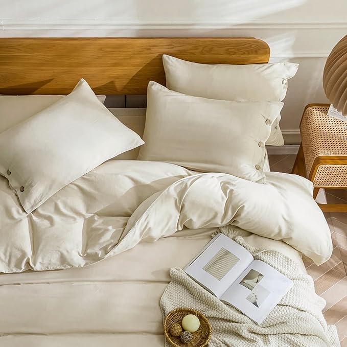 JELLYMONI Cotton Duvet Cover Queen Size - Light Khaki Comforter Cover with Button 100% Washed Cotton 3PCS Breathable Soft Solid Bedding Set Duvet Cover 90×90in & 2 Pillowcases (NO Comforter)