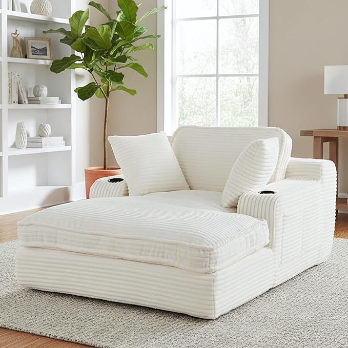 67" Oversized Chaise Lounge Chair Indoor, Soft Boneless Cloud Couch with 3 Pillows, 4 Side Pockets and 2 Cup Holders, Comfy Corduroy Sleeper Couch for Living Room Bedroom, Beige