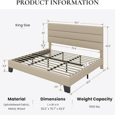 SHA CERLIN King Platform Bed Frame with Upholstered Fabric Headboard, Mattress Foundation with Strong Wooden Slats Support, No Box Spring Needed, Beige