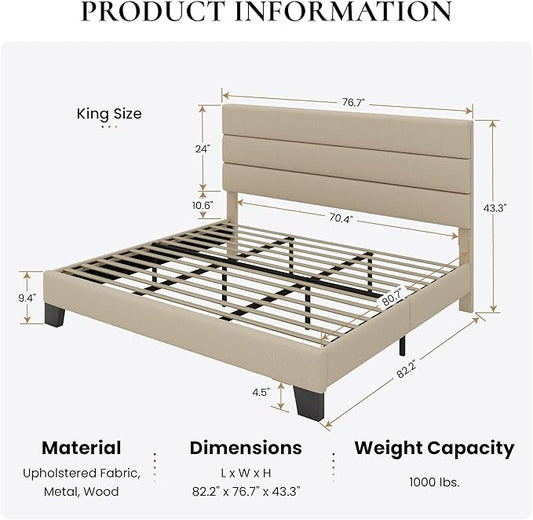SHA CERLIN King Platform Bed Frame with Upholstered Fabric Headboard, Mattress Foundation with Strong Wooden Slats Support, No Box Spring Needed, Beige