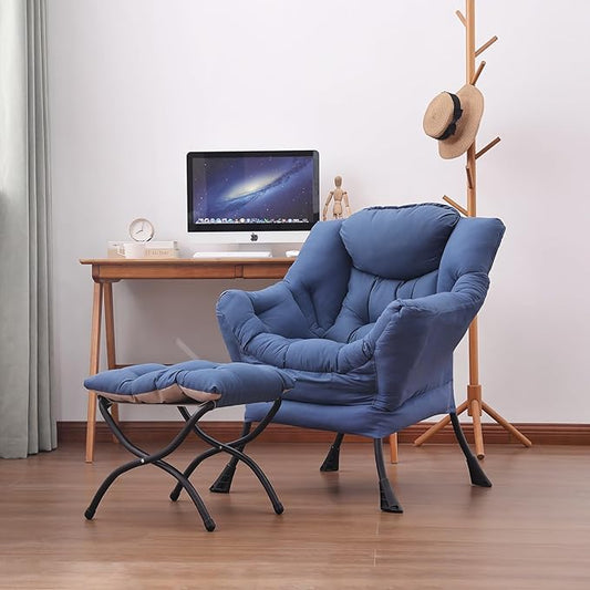 Lazy Chair and Ottoman, Large Accent Lounge Chair with Armrests and a Side Pocket, Modern Leisure Upholstered Sofa Reading Armchair with Footrest for Bedroom, Living Room, Dorm Rooms, Office