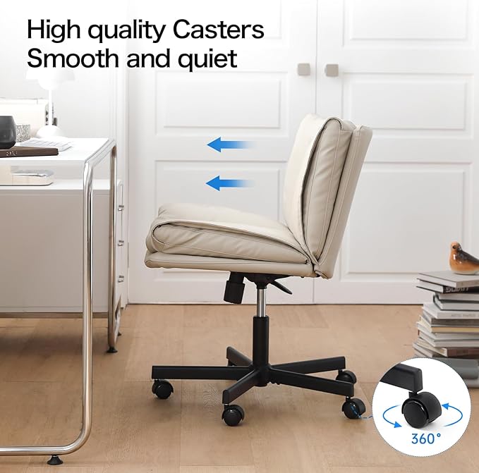 LEAGOO Criss Cross Chair with Wheels, Armless Cross Legged Office Chair, Comfy PU-Leather Desk Chair, Modern Swivel Height Adjustable Computer Task Chair, Wide Seat Cute Chair for Home Office(Beige)