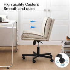 LEAGOO Criss Cross Chair with Wheels, Armless Cross Legged Office Chair, Comfy PU-Leather Desk Chair, Modern Swivel Height Adjustable Computer Task Chair, Wide Seat Cute Chair for Home Office(Beige)