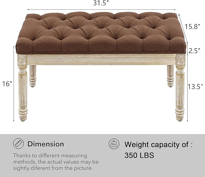 LOULENS French Vintage Bench, Linen Fabric Entryway Bench, Upholstered Tufted End of Bed Bench with Brushed Wood Legs, Brown