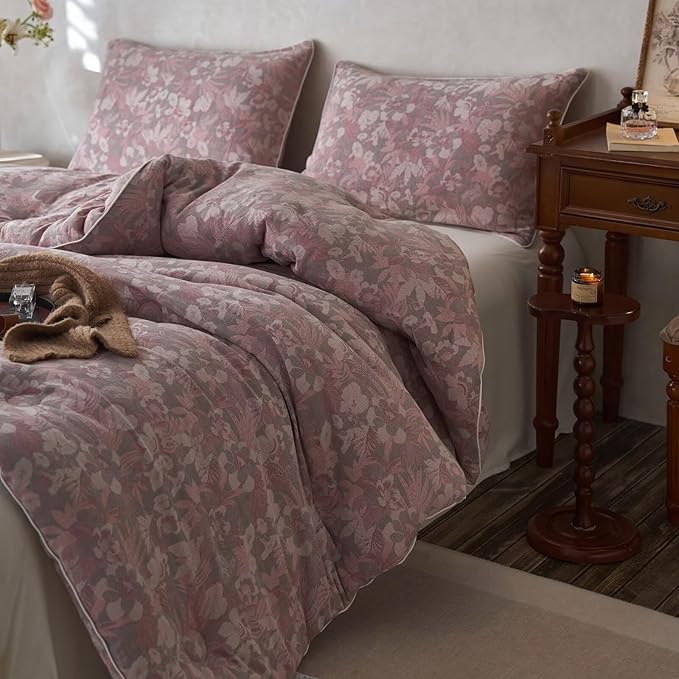 MKXI Double Layer Muslin Cotton Comforter Set Farmhouse Old Pink Floral Comforter Twin XL Shabby Chic Bedding Comforter Set Soft Breathable French Country Bed Comforter for All Season
