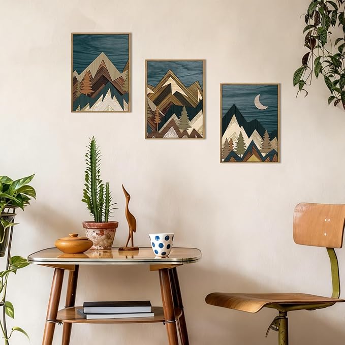 BINCUE Boho Mountain Wall Art Framed Landscape Wall Decor Modern Nature Artwork for Bedroom Living Room Office 12" Lx16 W Set of 3