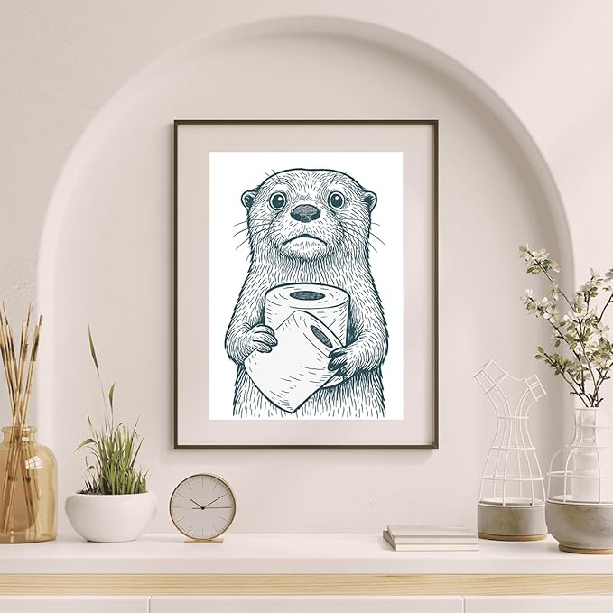 Jatinoo Funny Cartoon Otter Bathroom Wall Art Canvas Framed 11.5x15 Inches Black White Cute Animal-Inspired Prints for Toilet Wall Decor Ideal for Pet Lovers Young Adults Fun House Enthusiasts Home & Kitchen Posters