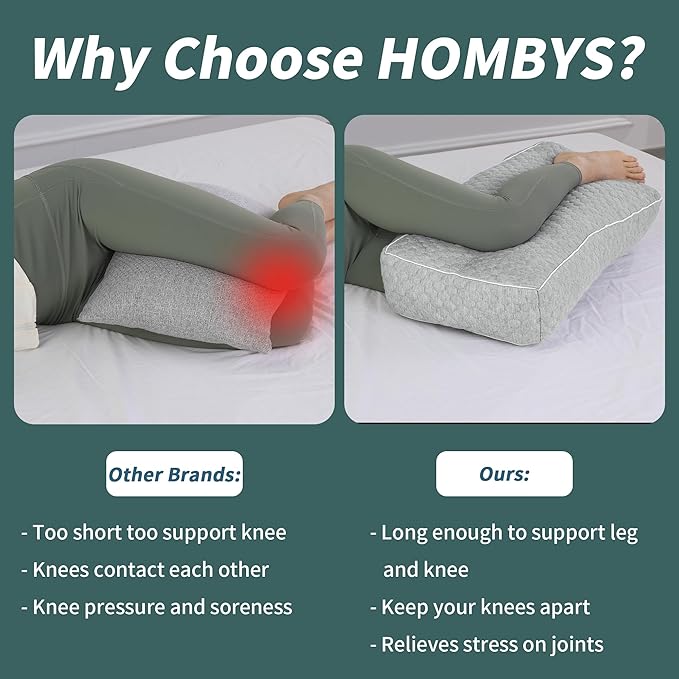 HOMBYS Shredded Memory Foam Knee Pillow for Side Sleepers, 6.5" Height Pillow Between Legs Spine & Relieves Pressure Hip & Leg Elevation, Supportive Pillow for Pregnancy, Sciatica,Light Grey