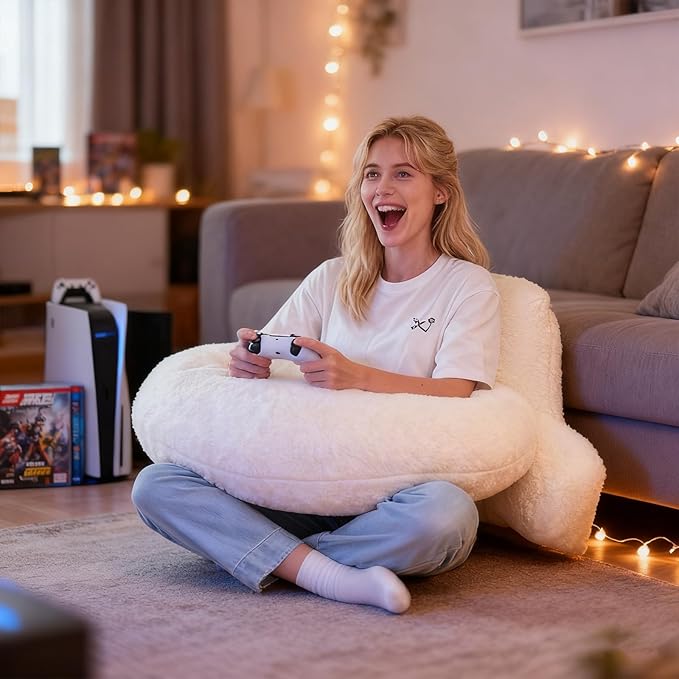 Reading Pillow for Bed,U Shaped & Back Support Pillow for Bed,17" Backrest with Lumbar & Arm Support,Luxurious Faux Rabbit Fur,Gaming PillowFor Crochet/Reading/Watching TV,White