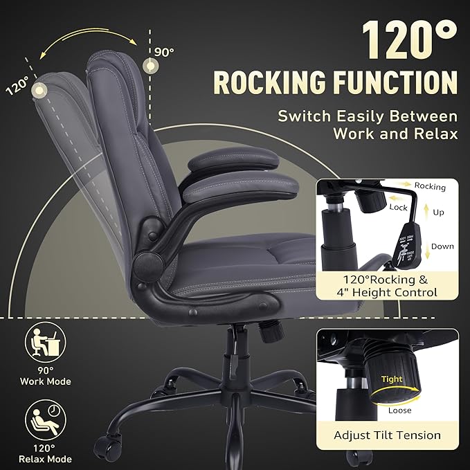 Home Leather Office Chair with Lumbar Support, 5" Padded Seat, Small PU Leather Rocking Desk Chair, Comfy Computer Chairs with Rolling Wheels & Adjustable Arms for Adults, Grey