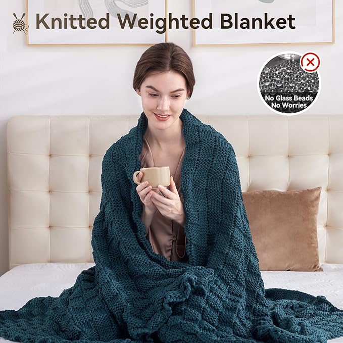 Knitted Weighted Blanket Kids, No Beads Heavy Blanket 36” x 48'' 3lbs, Breathable Chunky Knit Blanket, Cooling Weighted Blanket for Hot Sleepers, Christmas Home Decor (Peacock Blue)