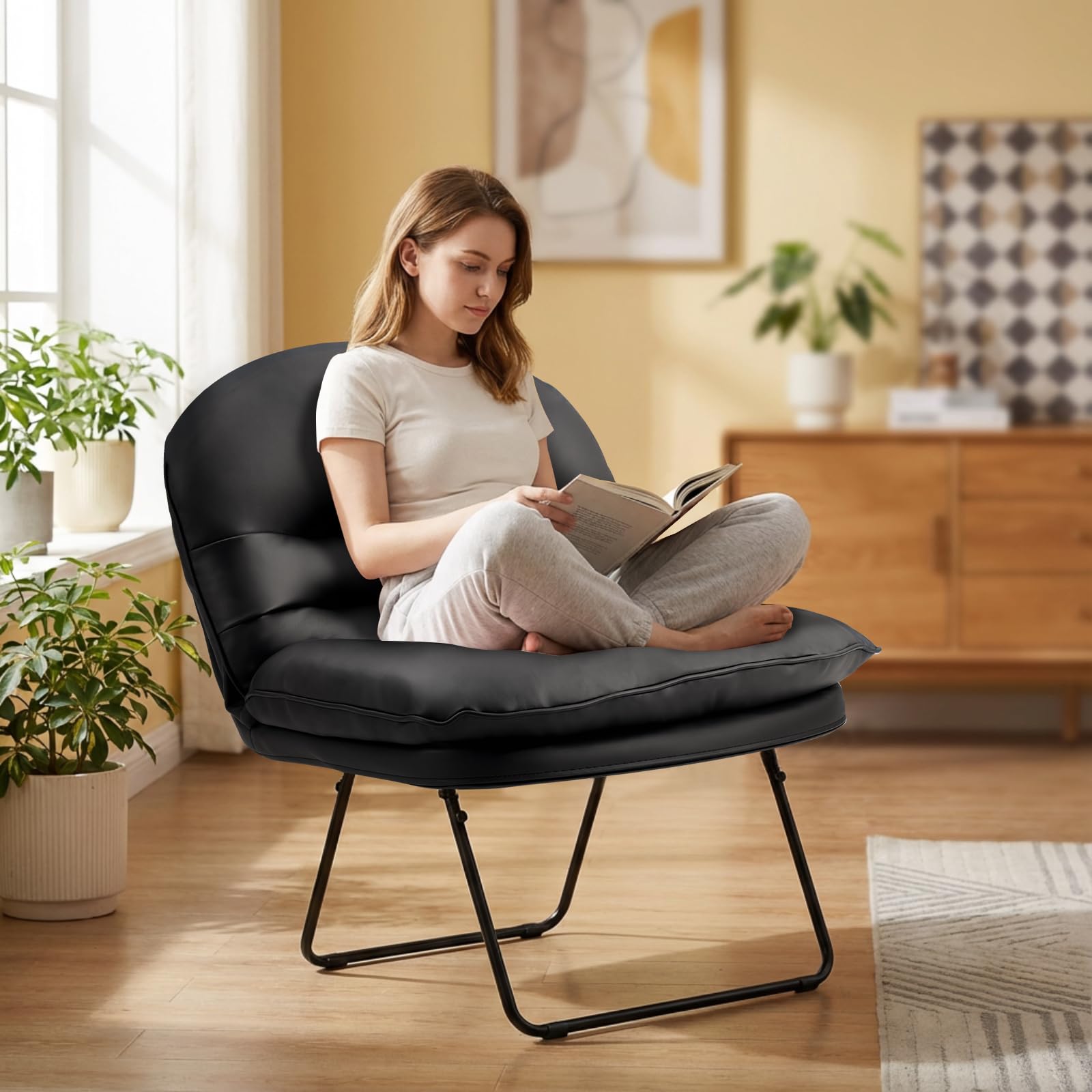 DUMOS Comfy Saucer Chair, Faux Fur Lounge Seasting XL Circle Chair for Bedroom, Dorm & Gaming, Foldable Fashion Accent Seat for Small Spaces, Folding Moon/Mushroom/Round Oversized Style Dormly