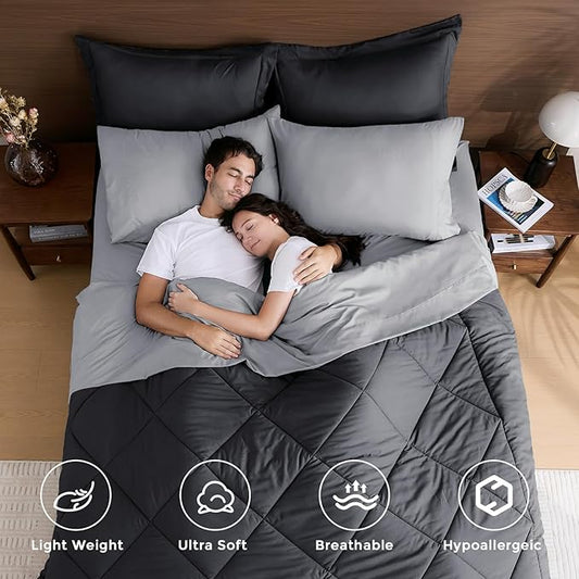 HEVUMYI 120x98 Oversized King Comforter Set - 7-Piece All Season Bed in a Bag Oversized King, Ultra Soft Bedding Set with 120 x 98 Comforter, Flat Sheet, Fitted Sheet, Pillowcases, Dark & Light Grey