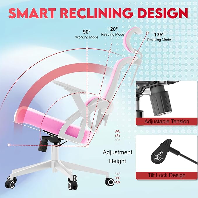 Ergonomic Office Chair - 400LB Comfy Desk Chairs with Adjustable Headrest and Lumbar Back Support, Mesh Computer Chairs with Wheels and Arms for Home Office, Study (218Pink-With Headrest)