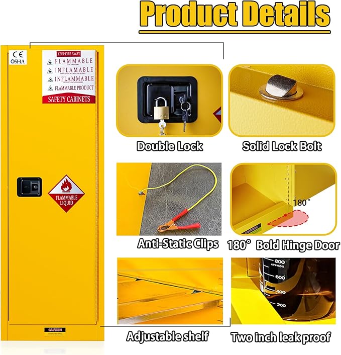 60 Gallons Fire Safety Storage Cabinet, 18.11" D x 23.22" W x 64.96" H Large Metal Cabinet with Adjustable Shelf, Flammable Liquid Storage Cabinet for Commercial Industrial Home