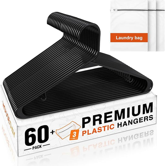 HOUSE DAY Black Plastic Hangers 60 Pack & Medium Mesh Laundry Bags 3 Pack - Space-Saving & Non-Slip Clothes Hangers with Hooks + Delicates Wash Bags Pefect for Closet Storage and Organization