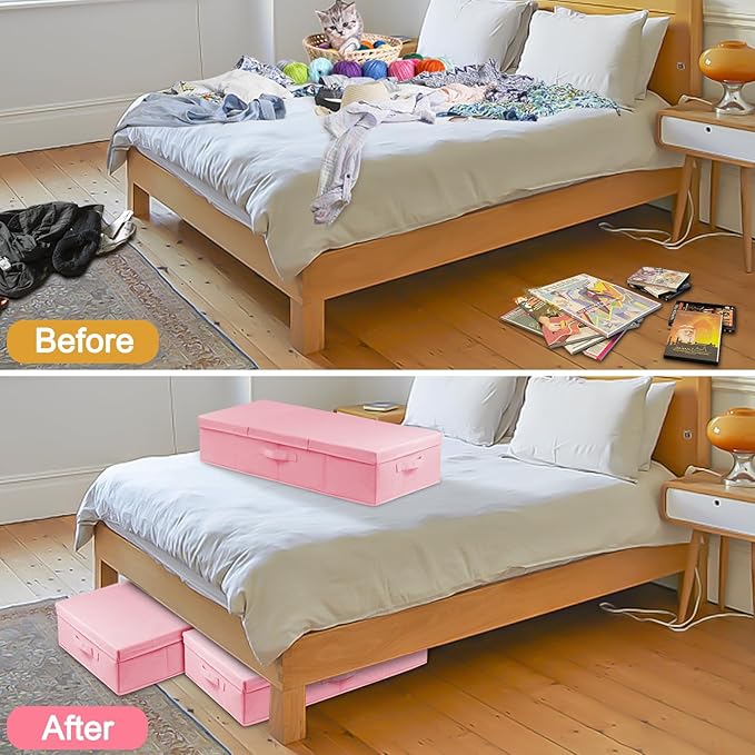 punemi Under Bed Storage With Lids, 2 Pack Pink Underbed Storage Bins Containers for Girls Daughter, Large Low Profile Stackable Drawer Organizer Box for Clothes Bedroom Couch Closet Basement