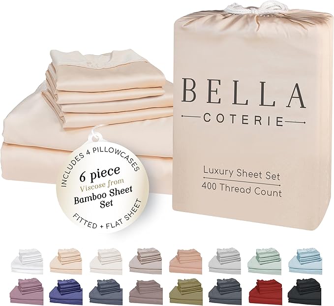 Bella Coterie 6 Piece Luxury Bamboo Viscose Split Top King Size Sheet Set | 34" Split for Adjustable Beds | 100% Organically Grown| Cooling | 18” Deep Pocket | 4 Pillowcases [Champagne]