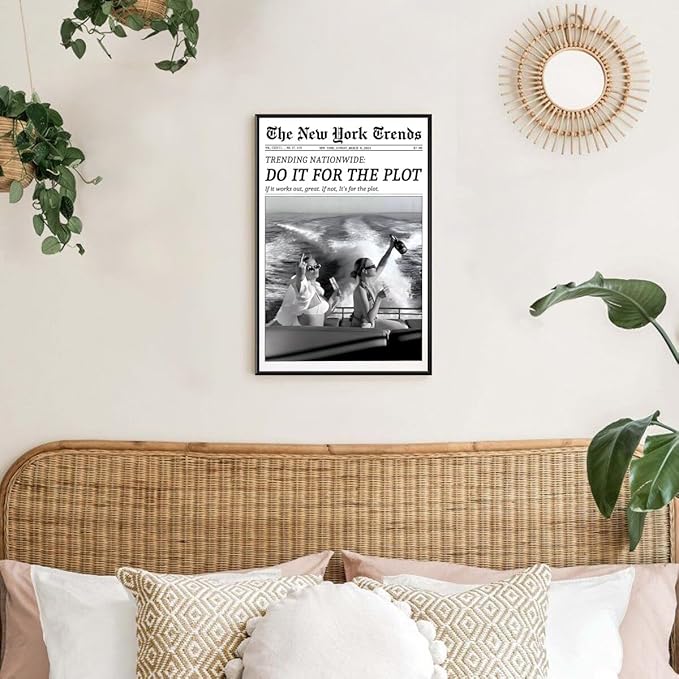 Retro New York Trends Wall Art Black and White Newspaper Poster Do It for The Plot Canvas Prints Funky Feminist Posters Trendy College Wall Decor for Bar Cart Hot Girl Dorm Room Decorative 24x36inch black framed