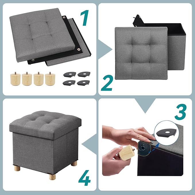 BRIAN & DANY Ottoman with Storage, Small Storage Ottoman for Dorm, Linen Folding Ottoman Foot Stool with Legs for Living Room and Bedroom, 15"x15"x15" - Gray