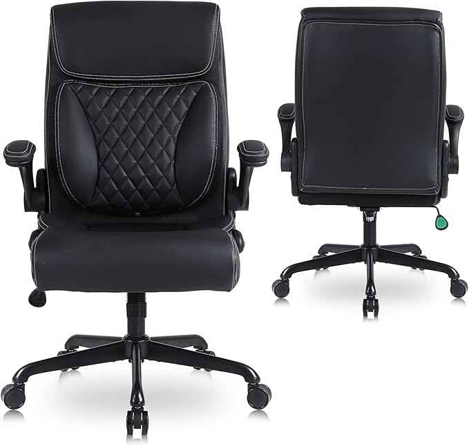 Youhauchair Executive Office Chair, Ergonomic PU Leather Computer Desk Chair with Lumbar Support, Flip-up Armrests and Adjustable Height, for Home Office, Black