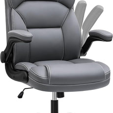 PU Leather Executive Office Chair, Ergonomic High-Back Computer & Gaming Chair with Adjustable Height, Rolling Swivel & Flip-Up Armrests, Comfy Padded Seat for Home Office-Gray