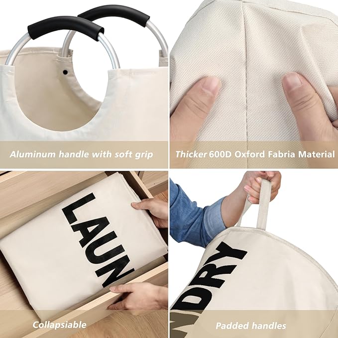 125L X-Large Laundry Basket, Freestanding Tall Clothes Hamper, Collapsible Laundry Bag, Beige