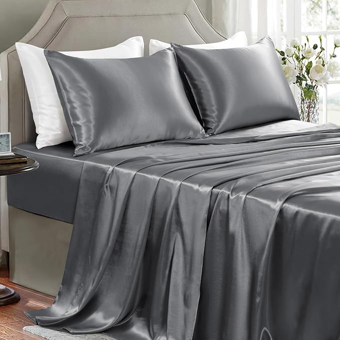 Satin Sheets King Size - 4 Pieces Luxury Silky Soft Bed Sheets, Wrinkle-Free Dark Grey Satin Silk Sheet Set with 1 Deep Pocket Fitted Sheet, 1 Flat Sheet, 2 Pillow Cases