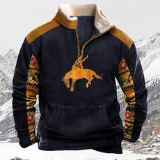 Western Sweatshirts for Men Aztec Cowboy Vintage Graphic Fleece Hoodie Mens Quarter Zip Pullover Country Jacket