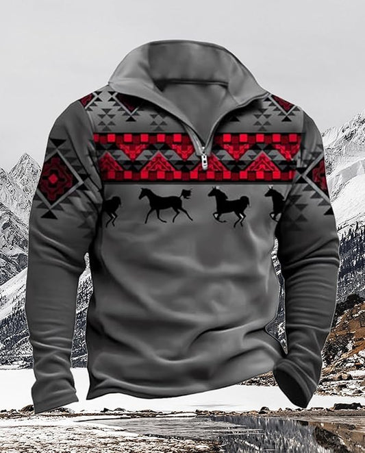 Western Sweatshirts for Men Aztec Cowboy Vintage Graphic Fleece Hoodie Mens Quarter Zip Pullover Country Jacket