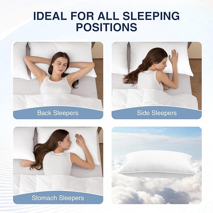 UNIKOME White Goose Down Feather Pillows - 100% Cotton Cover - Standard Size Pillow Set of 2, Made in Japan Pillow for Sleeping