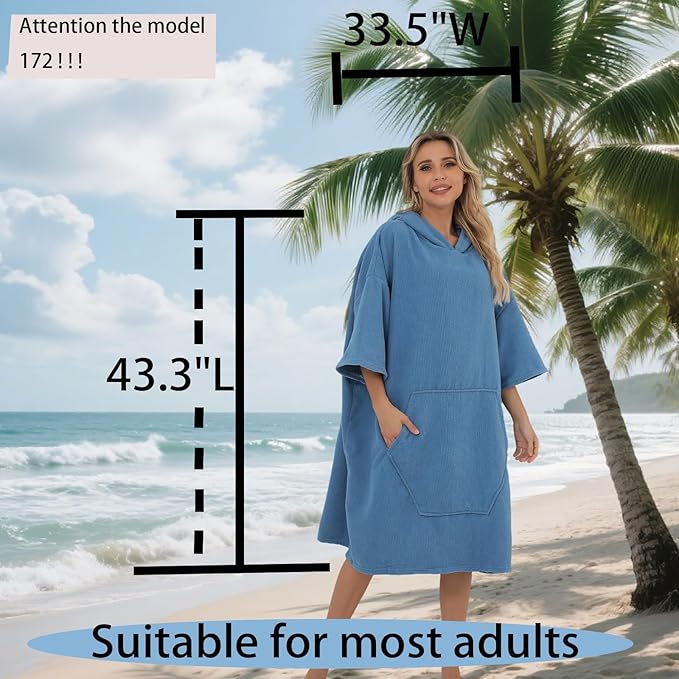 Surf Poncho Hooded Beach Towel, Quick Dry Terry Cloth, Extra Large Changing Robe with Pockets for Adults, Unisex Peacock Blue Cover-Up for Swim, Bath, Beach, Gift for Swimmer Lovers