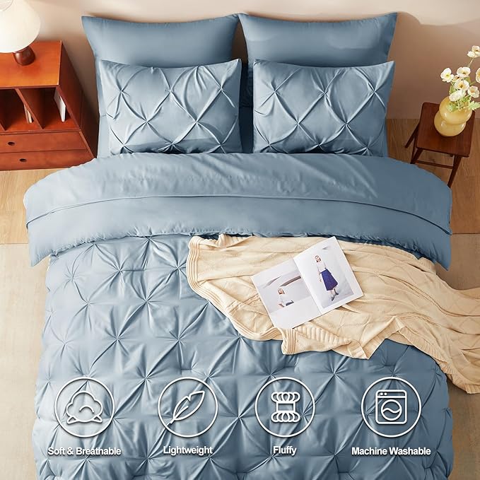 CozyLux California King Comforter Set Mineral Blue, 7 Pieces Cal King Pintuck Bed in A Bag, Pinch Pleat Bedding Sets with All Season Comforter, Flat Sheet, Fitted Sheet, Pillowcases & Shams