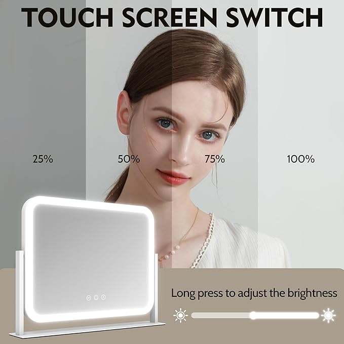 ROLOVE Lighted Makeup Mirror, 17"x13" Vanity Mirror with Lights, 10X Magnification, Gifts for Women, 3 Color Lighting Modes, Smart Touch Control, 360° Rotation for Bedroom or Tabletop (White)