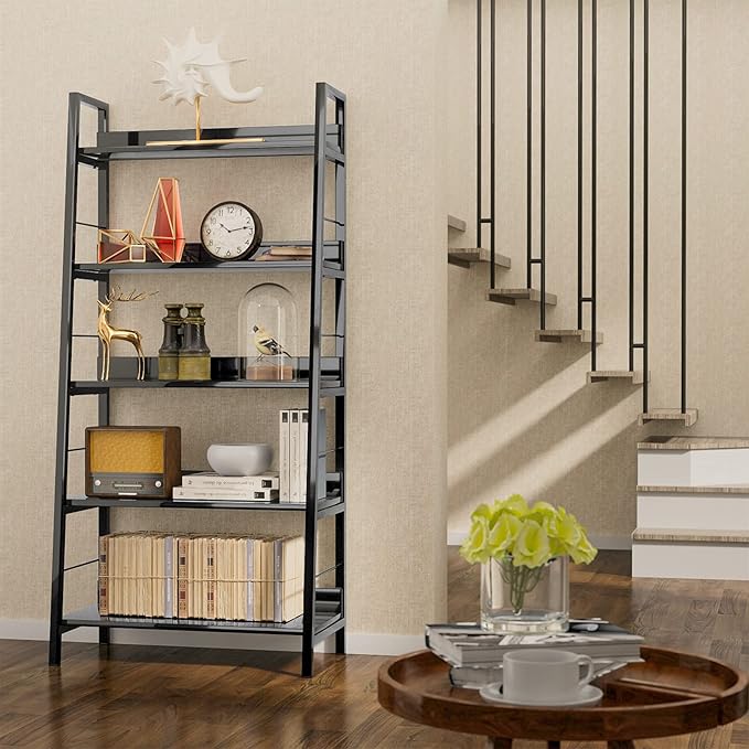 Himimi Black Ladder Bookshelf, 5 Shelf Bookcase Industrial Bookshelf Wood and Metal Bookshelves, Plant Flower Stand Rack Book Storage Shelves for Living Room, Bedroom, Home Office