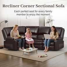 Manual Reclining Sectional Sofa Set, 4 Seats Soft Leather Recliner Corner Sectional Couch, Family-Sized L-Shaped Recliner Couch with USB Charging, Thickened Padding, Sturdy Frame, Brown