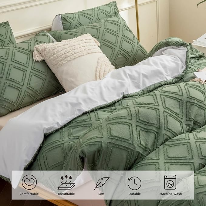 JELLYMONI Duvet Cover King Size Green and White - 3PCS Boho Duvet Cover Set Plaid Polyester Tufted Bohemian Jacquard Knit Textured Comforter Cover 104×90in Rhombic Geometric Pattern Zipper Corner Tie