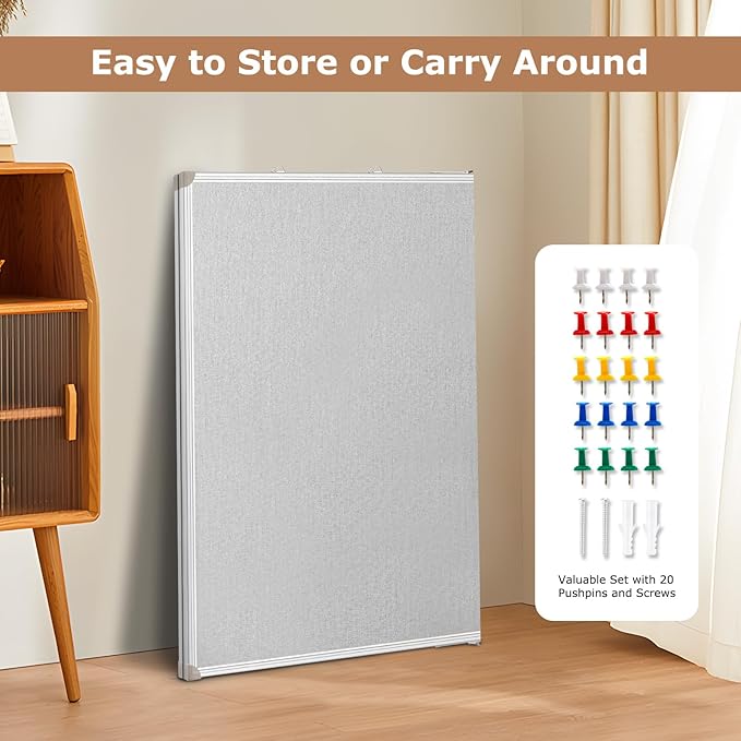 DOLLAR BOSS Foldable Linen Board, 60 x 40 Inch Corkboard, Large Bulletin Board, Portable Double Sided Aluminum Frame Wall Mounted Pin Board for Office School Dorm Supplies with 20 Push Pins, Grey